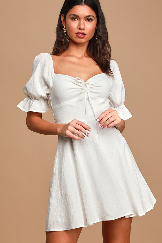 Pretty Puff Sleeve Dress - White Mini ...